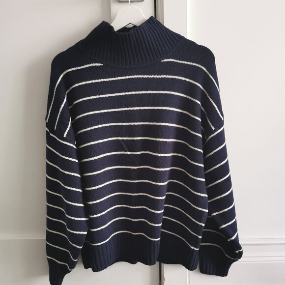 Striped Turtleneck Sweater – Navy Blue & White - Picture 1 of 7